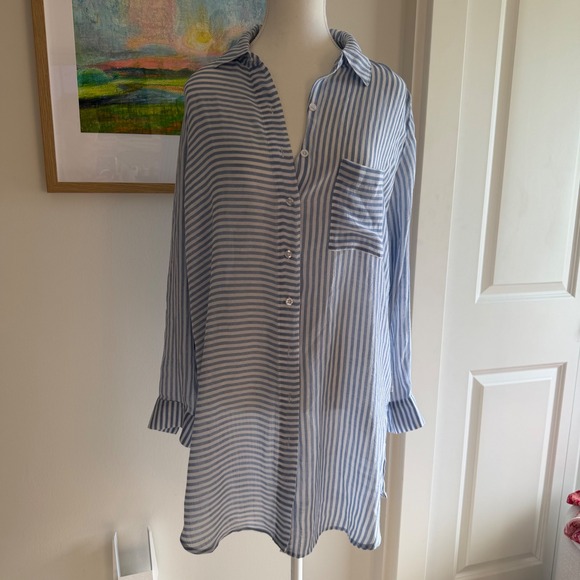 La Vie En Rose Other - la Vie en Rose Aqua Striped Button Down Tunic Cover Up Tropical Resortwear M